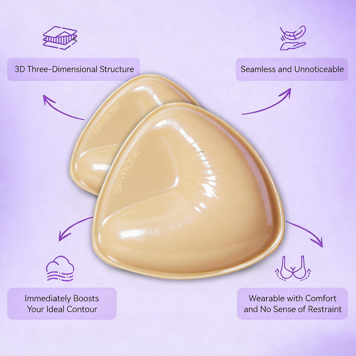 SPYROSE Women's Self-Adhesive Triangle Sticky Push-Up Bra with Inserts - Waterproof, Sweatproof, Reusable Strapless Bra, Instant Lift, Storage Bag for Backless Dresses, Prom Outfits, Natural Look, Sticky Bra,Double Sided Sticky Bra Inserts