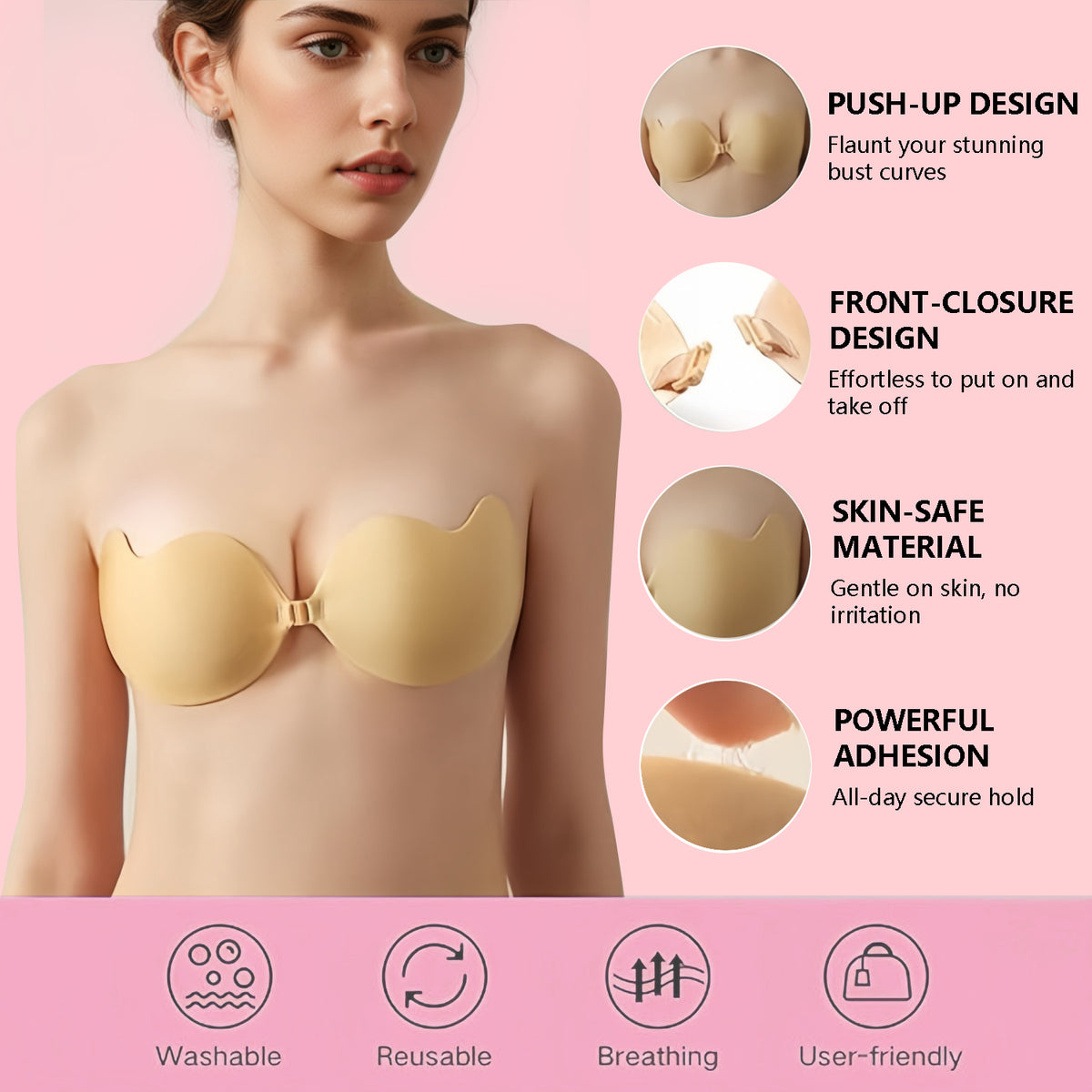 Women's Silicone Nipple Covers - Smooth, Comfortable Adhesive Bra Inserts, Seamless Reusable Strapless Sticky Bra, Breathable Lightweight Elegant Casual Accessory for Backless Dresses, Low Cut Tops, Everyday Wear