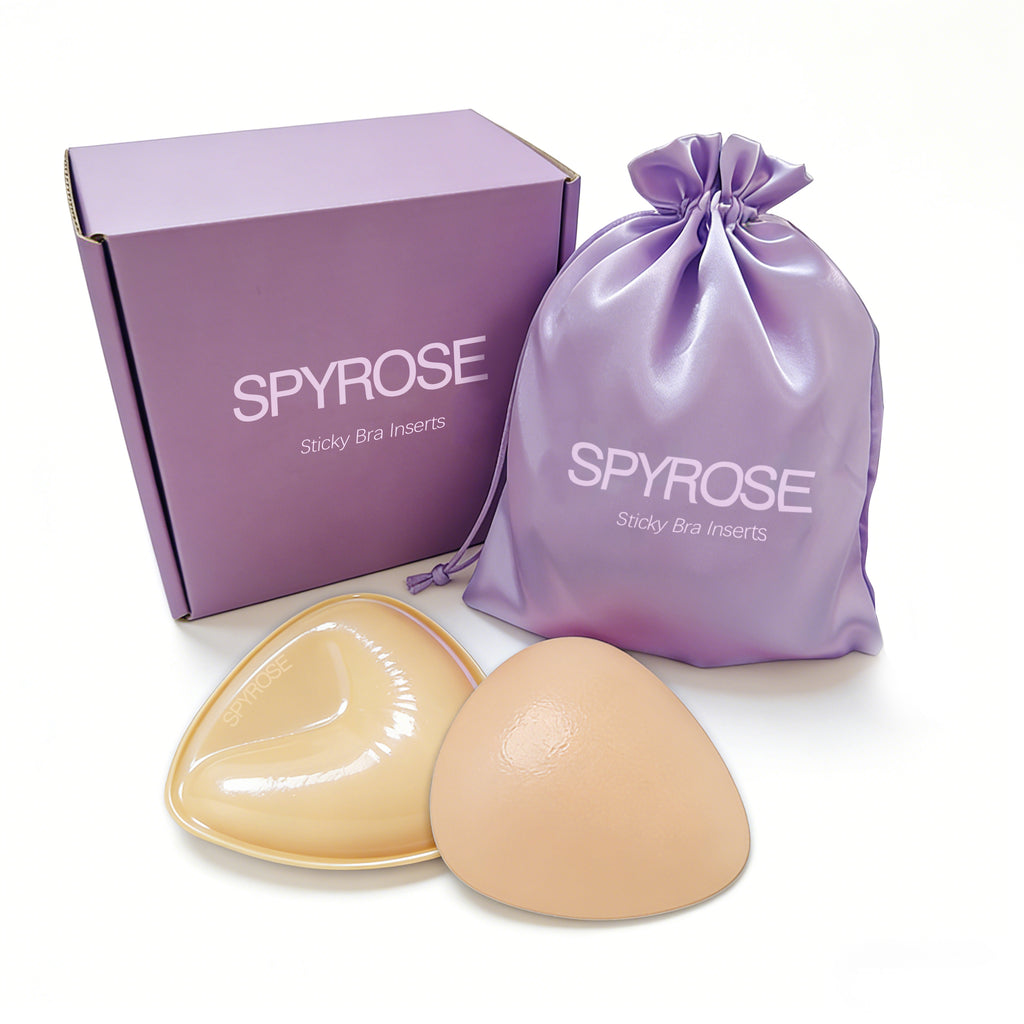 SPYROSE Women's Self-Adhesive Triangle Sticky Push-Up Bra with Inserts - Waterproof, Sweatproof, Reusable Strapless Bra, Instant Lift, Storage Bag for Backless Dresses, Prom Outfits, Natural Look, Sticky Bra,Double Sided Sticky Bra Inserts