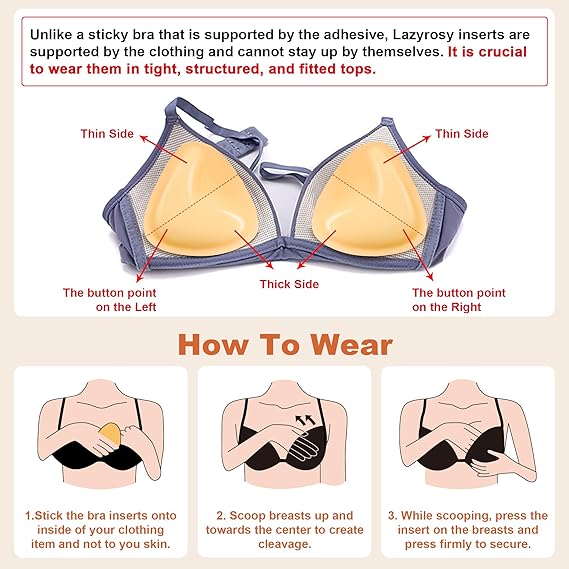 SPYROSE Women's Self-Adhesive Triangle Sticky Push-Up Bra with Inserts - Waterproof, Sweatproof, Reusable Strapless Bra, Instant Lift, Storage Bag for Backless Dresses, Prom Outfits, Natural Look, Sticky Bra,Double Sided Sticky Bra Inserts